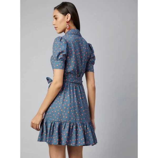 Women's Polyester Polka Short Sleeve Above Knee Dress (Grey - Coral)