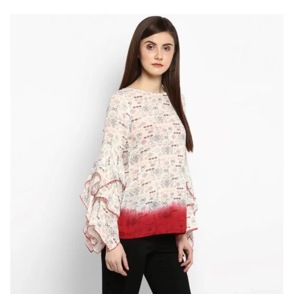 Women's Rayon Crepe Printed Ruffle Sleeve Top (Off White - Red)