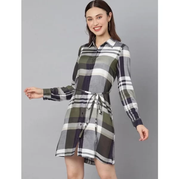 Women's Cotton Checkered Long Sleeves Above Knee Dress (Olive - White)