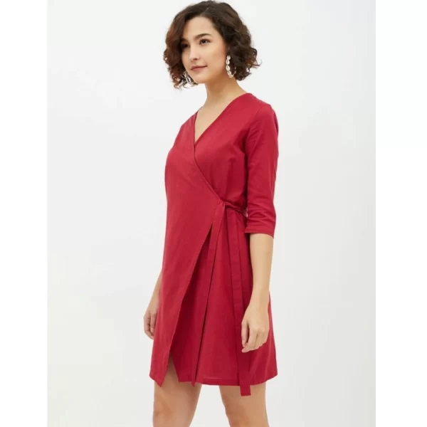 Women's Cotton Wrap 3-4th Sleeves Above Knee Dress (Maroon)