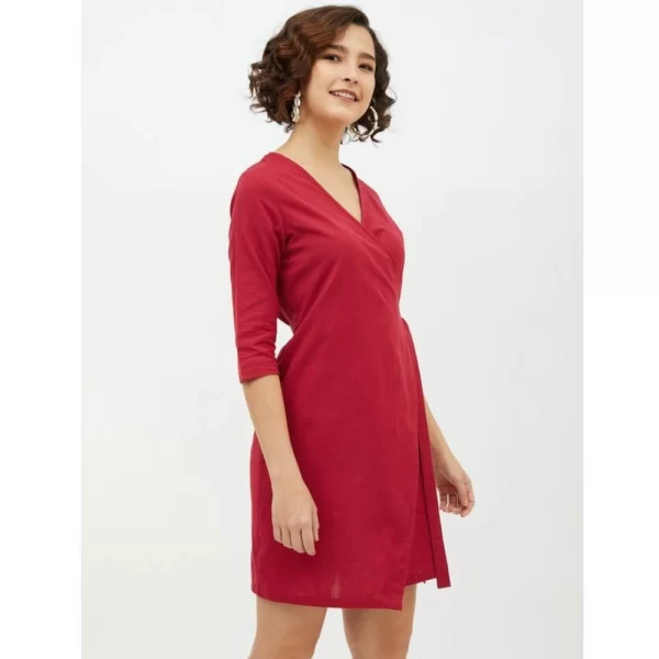Women's Cotton Wrap 3-4th Sleeves Above Knee Dress (Maroon)