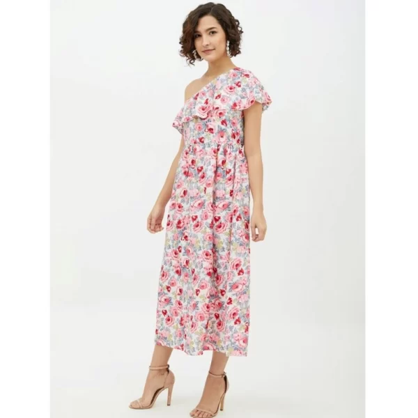 Women's Polyester Floral One Shoulder Calf-length Dress (Multicolor)
