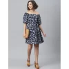 Women's Polyester Off Shoulder Half Sleeve Above Knee Dress (Blue)