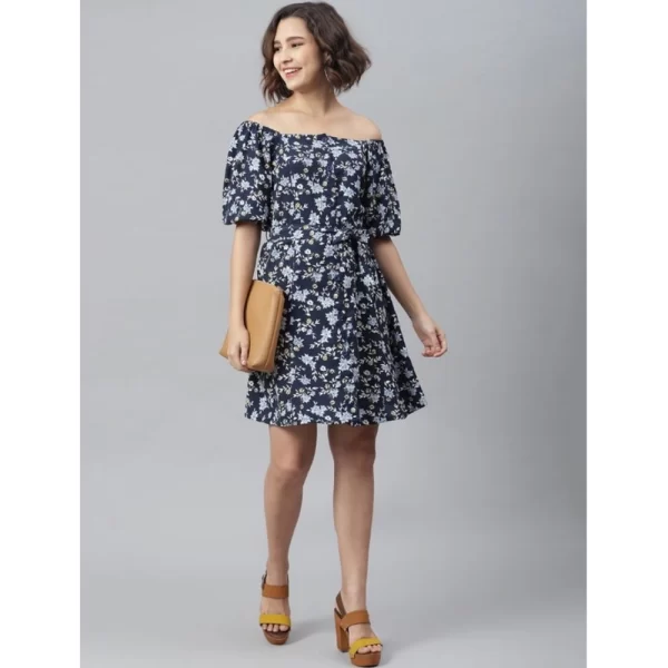 Women's Polyester Off Shoulder Half Sleeve Above Knee Dress (Blue)