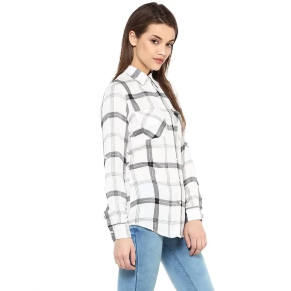 Women's Rayon Checkered Long Sleeves Standard Length Shirt (Black - White)