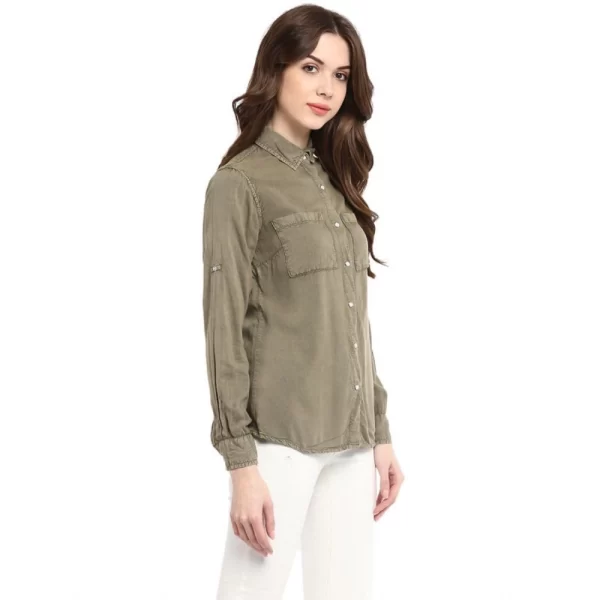 Women's Rayon Solid Long Sleeves Standard Length Shirt (Olive Green)
