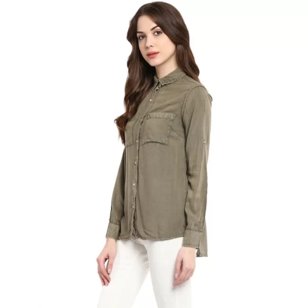 Women's Rayon Solid Long Sleeves Standard Length Shirt (Olive Green)