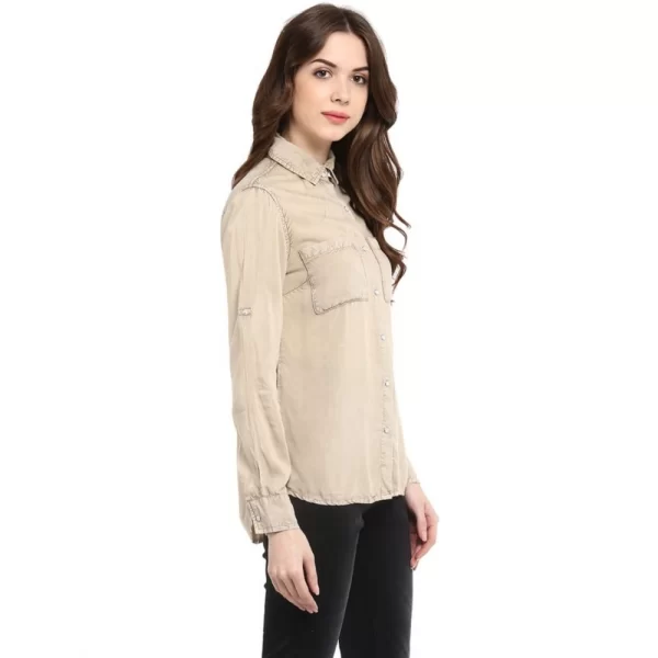 Women's Rayon Solid Long Sleeves Standard Length Shirt (Beige)