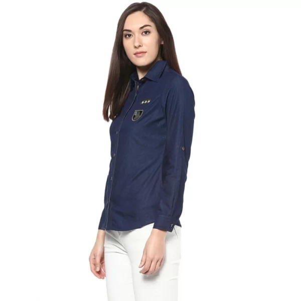 Women's Denim Patch Work Long Sleeves Standard Length Shirt (Blue)