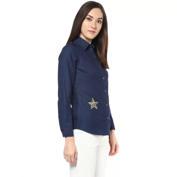 Women's Denim Patch Work Long Sleeves Standard Length Shirt (Blue)