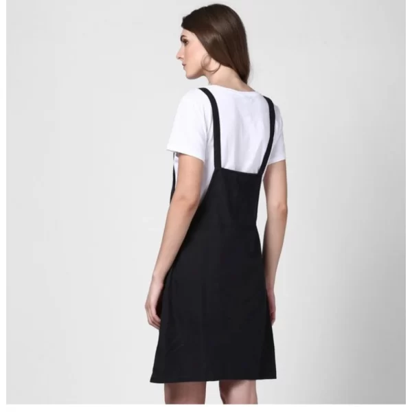 Women's Denim Solid Shoulder Straps Above Knee Dungaree (Black)