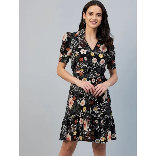 Women's Polyester Floral Short Sleeve Above Knee Dress (Black)