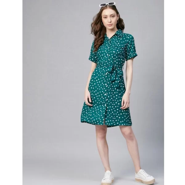Women's Polyester Polka Short Sleeve Above Knee Dress (Blue - White)
