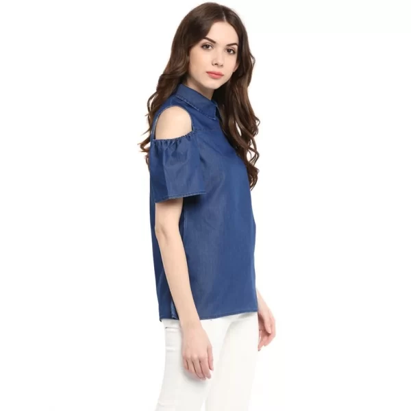 Women's Denim Solid Cold Shoulder Regular Top (Blue)