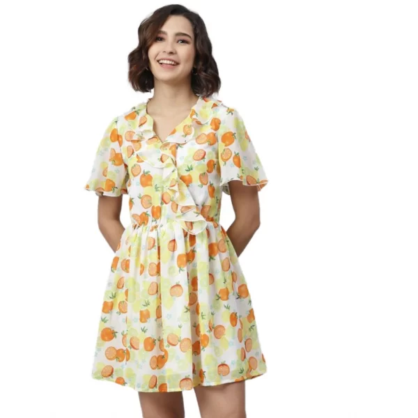 Women's Polyester Printed Flutter Above Knee Dress (Yellow - Orange)