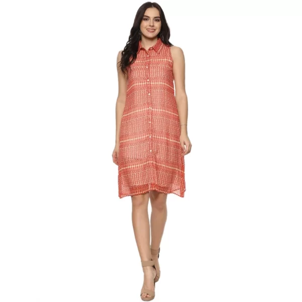 Women's Polyester Printed Sleeveless Above Knee Dress (Orange)