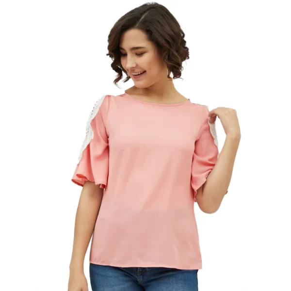Women's Polyester Lace Inserts Cold Shoulder Top (Pink)