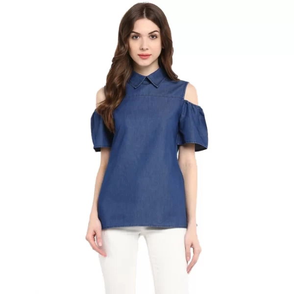 Women's Denim Solid Cold Shoulder Regular Top (Blue)