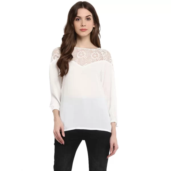 Women's Polyester Georgette Self Design 3-4th Sleeves Regular Top (White)