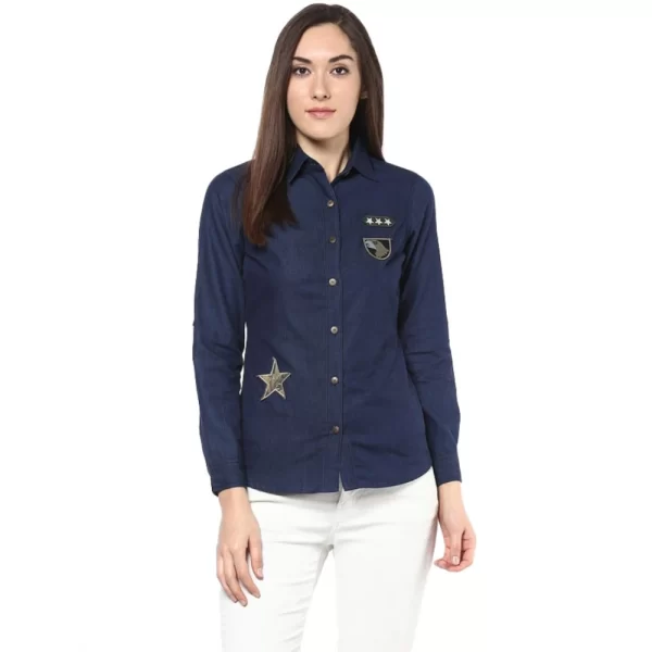 Women's Denim Patch Work Long Sleeves Standard Length Shirt (Blue)