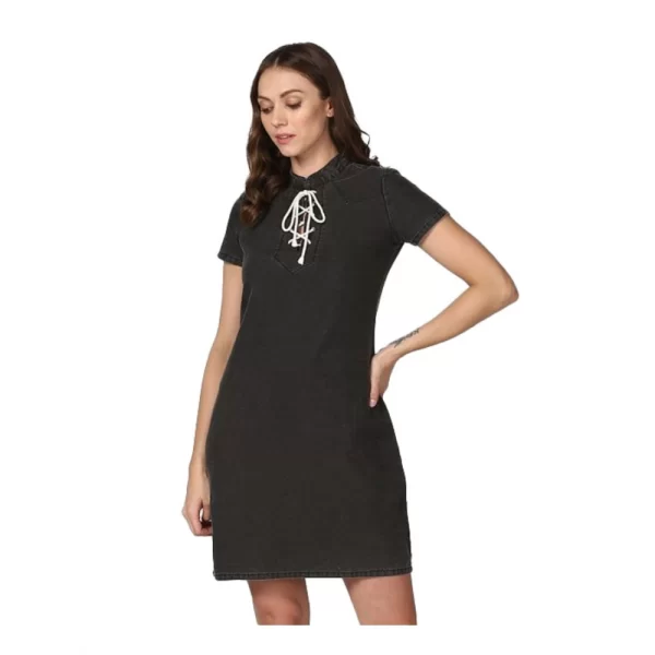 Women's Denim Solid Short Sleeve Above Knee Dress (Black)