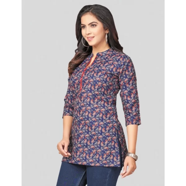 Women's Cotton Blend Mandarin Collar 3/4 Sleeves Short Top (Blue)