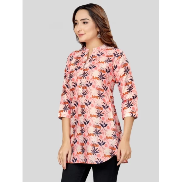 Women's Cotton Blend Mandarin Collar 3/4 Sleeves Short Top (Pink-Navy Blue)