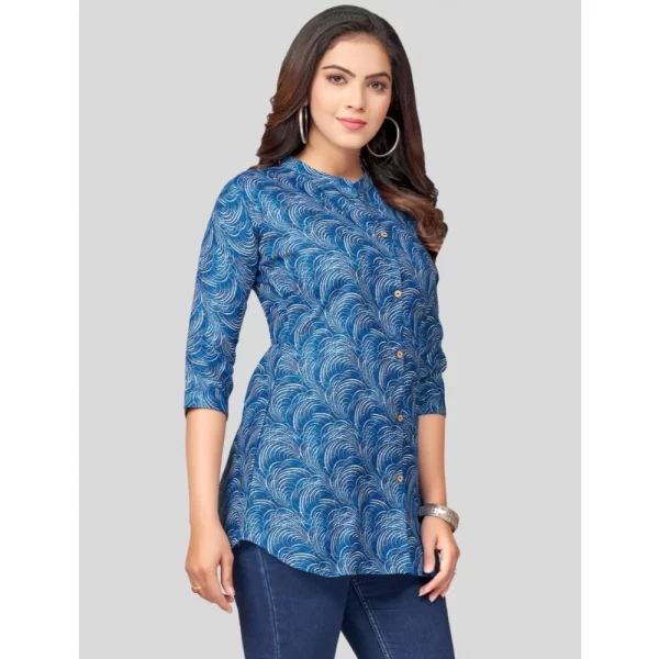 Women's Cotton Blend Mandarin Collar 3/4 Sleeves Short Top (Blue)