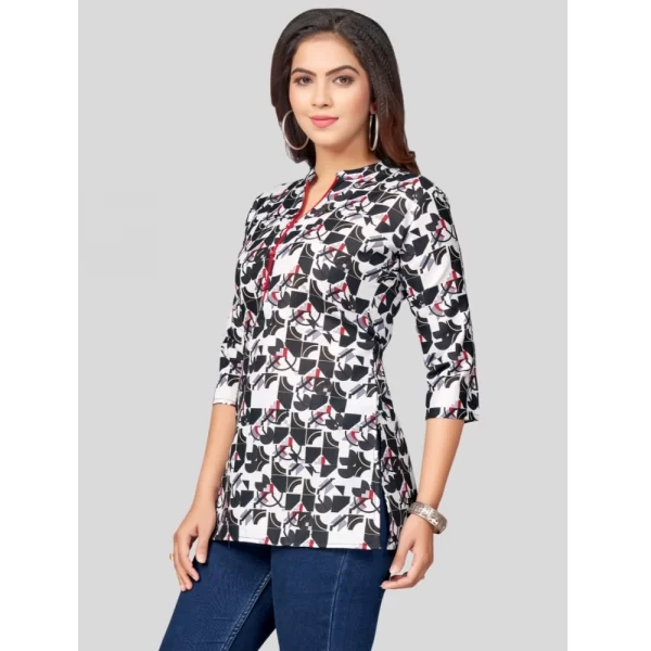 Women's Cotton Blend Mandarin Collar 3/4 Sleeves Short Top (Black-White)