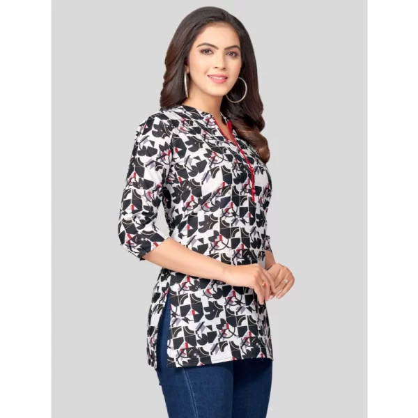 Women's Cotton Blend Mandarin Collar 3/4 Sleeves Short Top (Black-White)