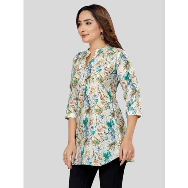 Women's Cotton Blend Mandarin Collar 3/4 Sleeves Short Top (OffWhite-Blue)