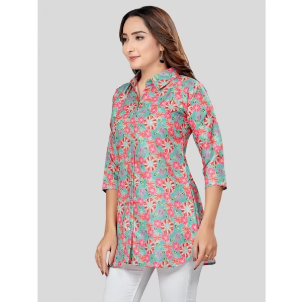 Women's Cotton Blend Collared Neck 3/4 Sleeves Short Top (Teal Green)