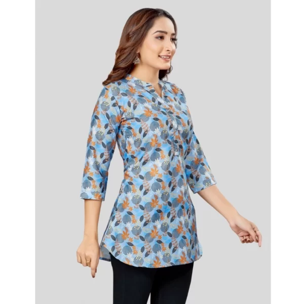 Women's Cotton Blend Mandarin Collar 3/4 Sleeves Short Top (Blue)