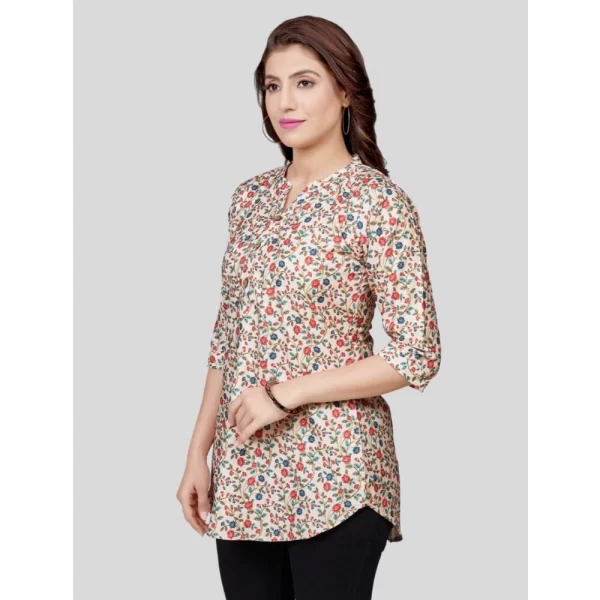 Women's Poly Crepe Mandarin Collar 3/4 Sleeves Short Top (Beige)