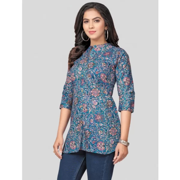 Women's Cotton Blend Mandarin Collar 3/4 Sleeves Short Top (Blue)