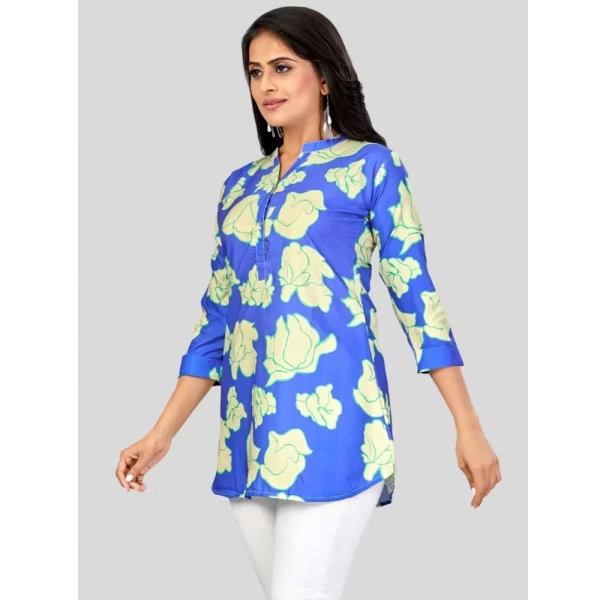 Women's Poly Crepe Mandarin Collar 3/4 Sleeves Short Top (Blue)