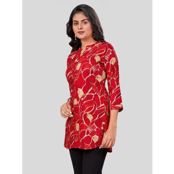 Women's Rayon Mandarin Collar 3/4 Sleeves Short Top (Red)