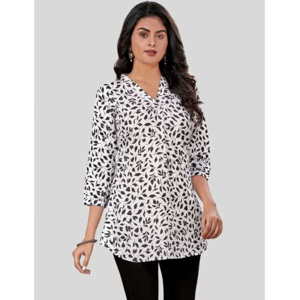 Women's Poly Crepe Chinese Collar 3/4 Sleeves Short Top (Black-White)