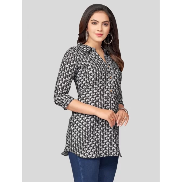 Women's Cotton Blend Mandarin Collar 3/4 Sleeves Short Top (Black)