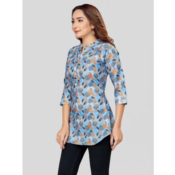 Women's Cotton Blend Mandarin Collar 3/4 Sleeves Short Top (Blue)