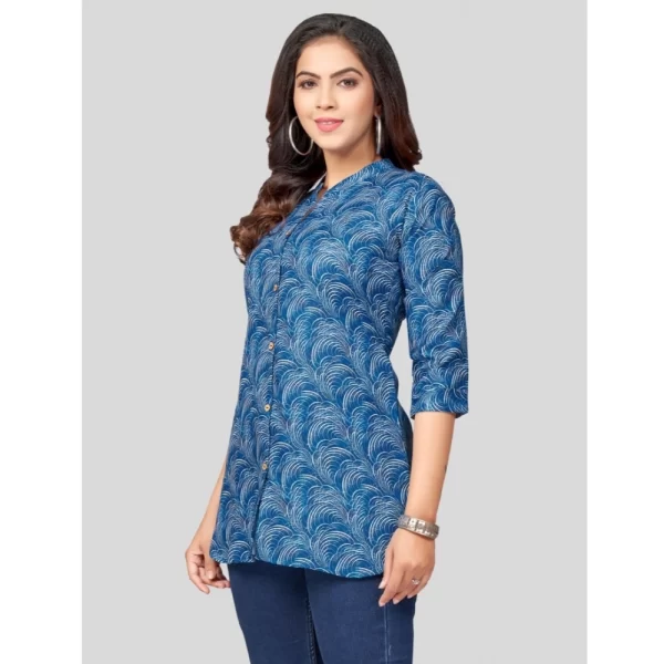 Women's Cotton Blend Mandarin Collar 3/4 Sleeves Short Top (Blue)