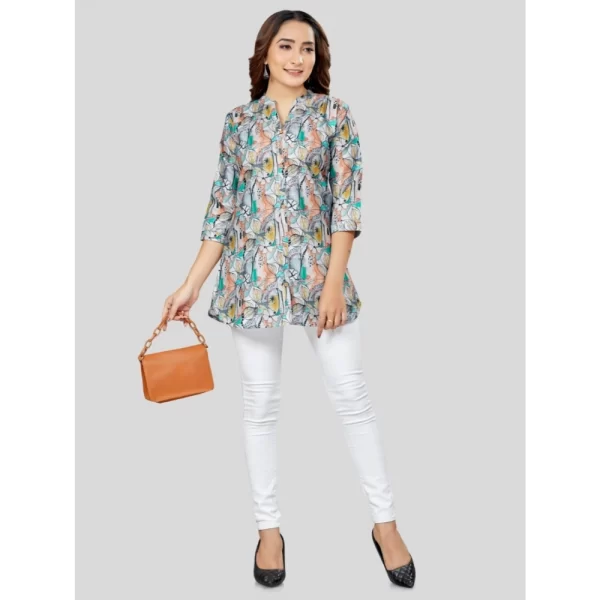 Women's Cotton Blend Mandarin Collar 3/4 Sleeves Short Top (Grey)