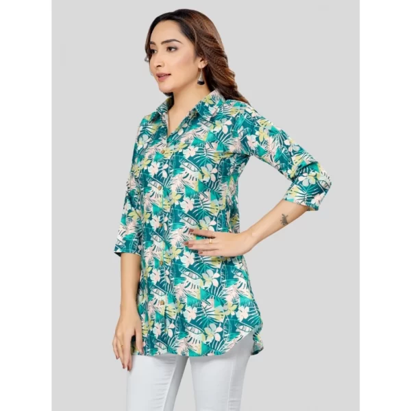 Women's Cotton Blend Collared Neck 3/4 Sleeves Short Top (Green)