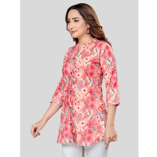 Women's Cotton Blend Mandarin Collar 3/4 Sleeves Short Top (Pink)