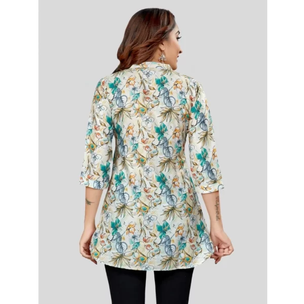 Women's Cotton Blend Mandarin Collar 3/4 Sleeves Short Top (OffWhite-Blue)