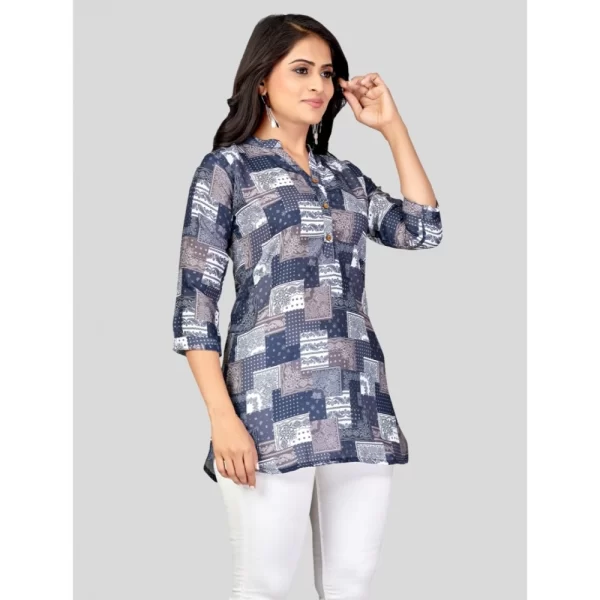 Women's Cotton Blend Mandarin Collar 3/4 Sleeves Short Top (NavyBlue)