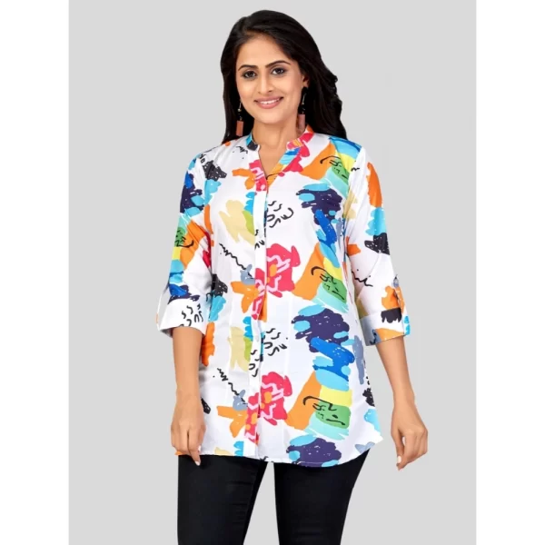 Women's Poly Crepe Mandarin Collar 3/4 Sleeves Short Top (Multicolor)