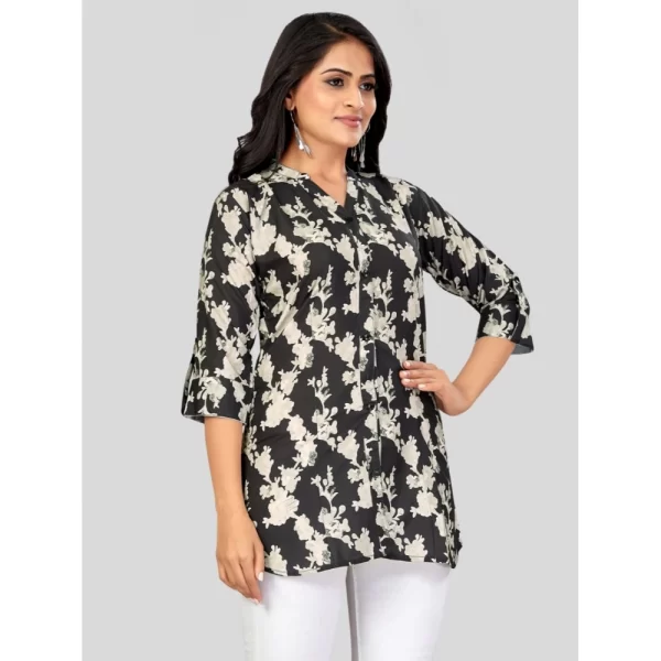 Women's Poly Crepe Mandarin Collar 3/4 Sleeves Short Top (Black)