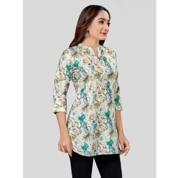 Women's Cotton Blend Mandarin Collar 3/4 Sleeves Short Top (OffWhite-Blue)