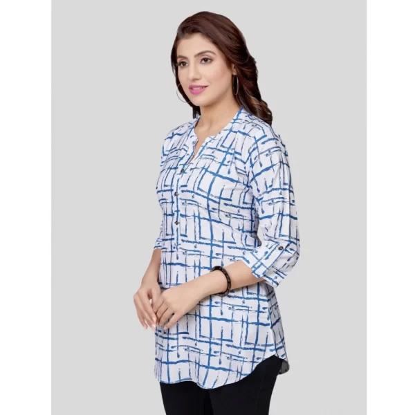 Women's Poly Crepe Mandarin Collar 3/4 Sleeves Short Top (White)